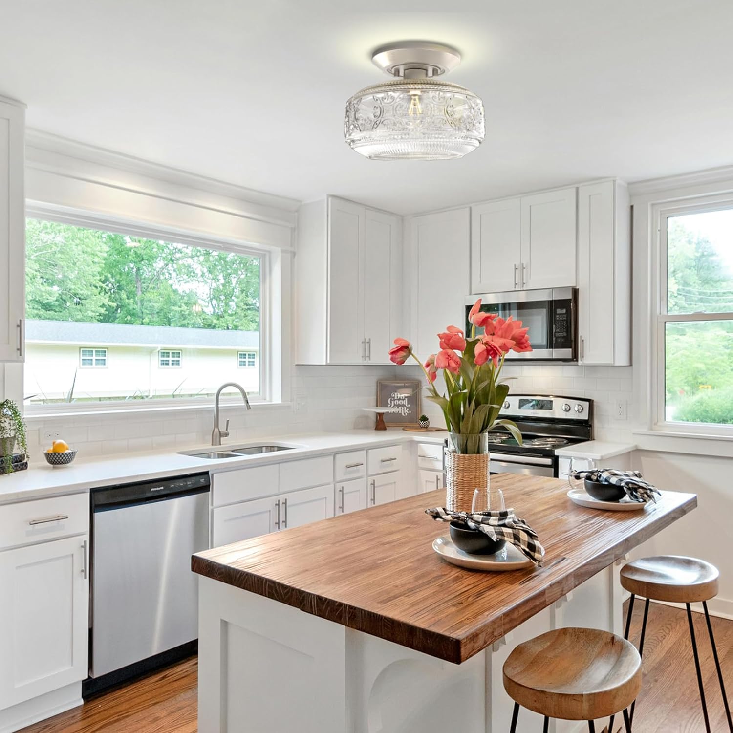 KnLnny Ware Brushed Nickel Flush Mount Ceiling Light with Classical Glass Shade, Ceiling Light Fixture for Hallway Porch Corridor Kitchen Bedroom, 4000K, 9W Bulb Included,9 Inch