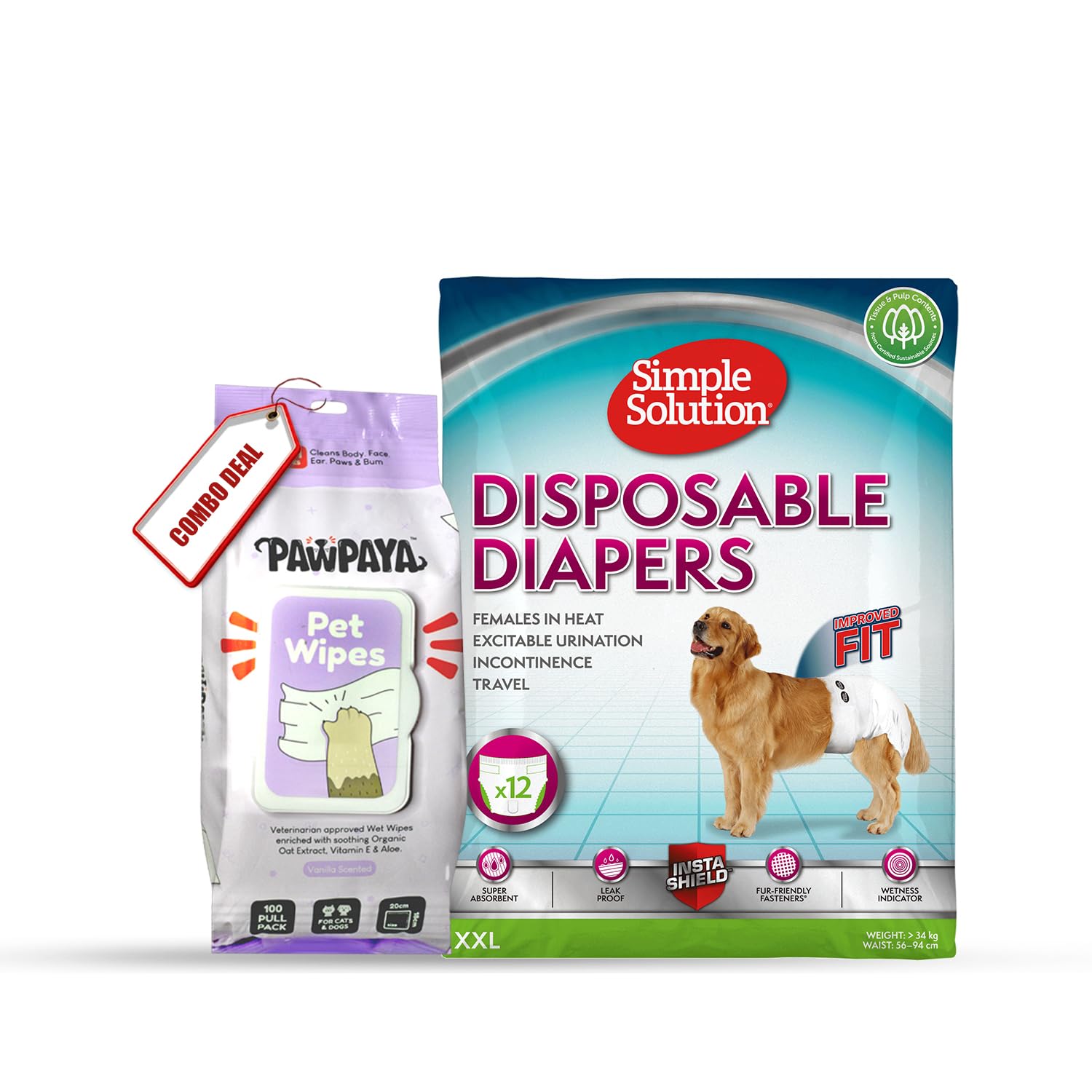 Mega Combo Pack of 2 Simple Solution Disposable Dog Diapers for Female Dogs, (XXL) and Pawpaya 5 in 1 Multipurpose 100 Pull Pack Plant-Based Pet Cleaning Wipes (B0CDQ87SV2) Amazon Price History, Amazon Price Tracker