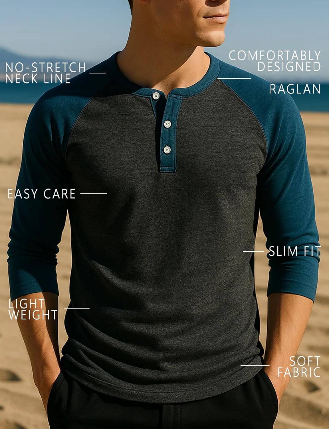 H2H Mens Casual Slim Fit T-Shirts Henley Shirts Raglan Long & 3/4 Sleeve Jersey Baseball T Shirts