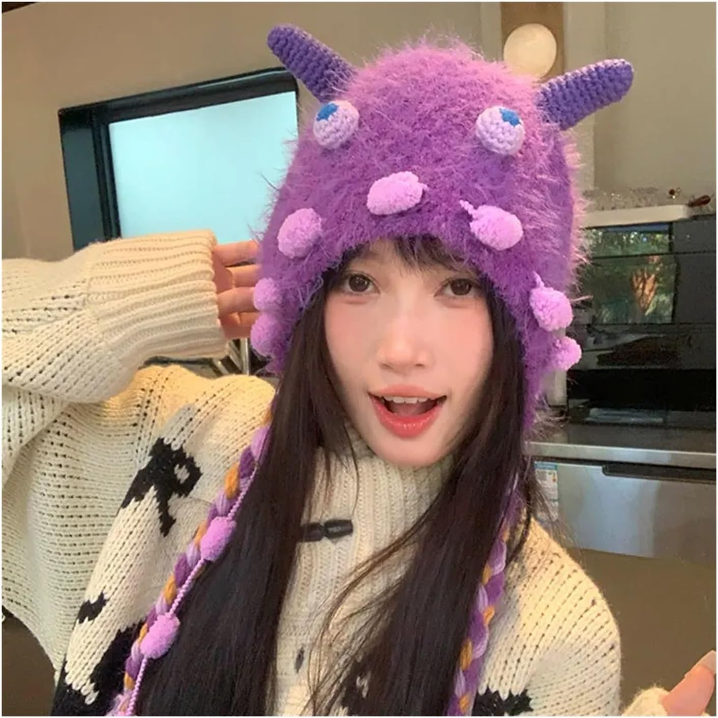 Ladies' Pullover Hats Autumn Winter Cartoon Cute Sweet Funny for Girl Knitted Hats Ear Protection Warm Plush Hoodies