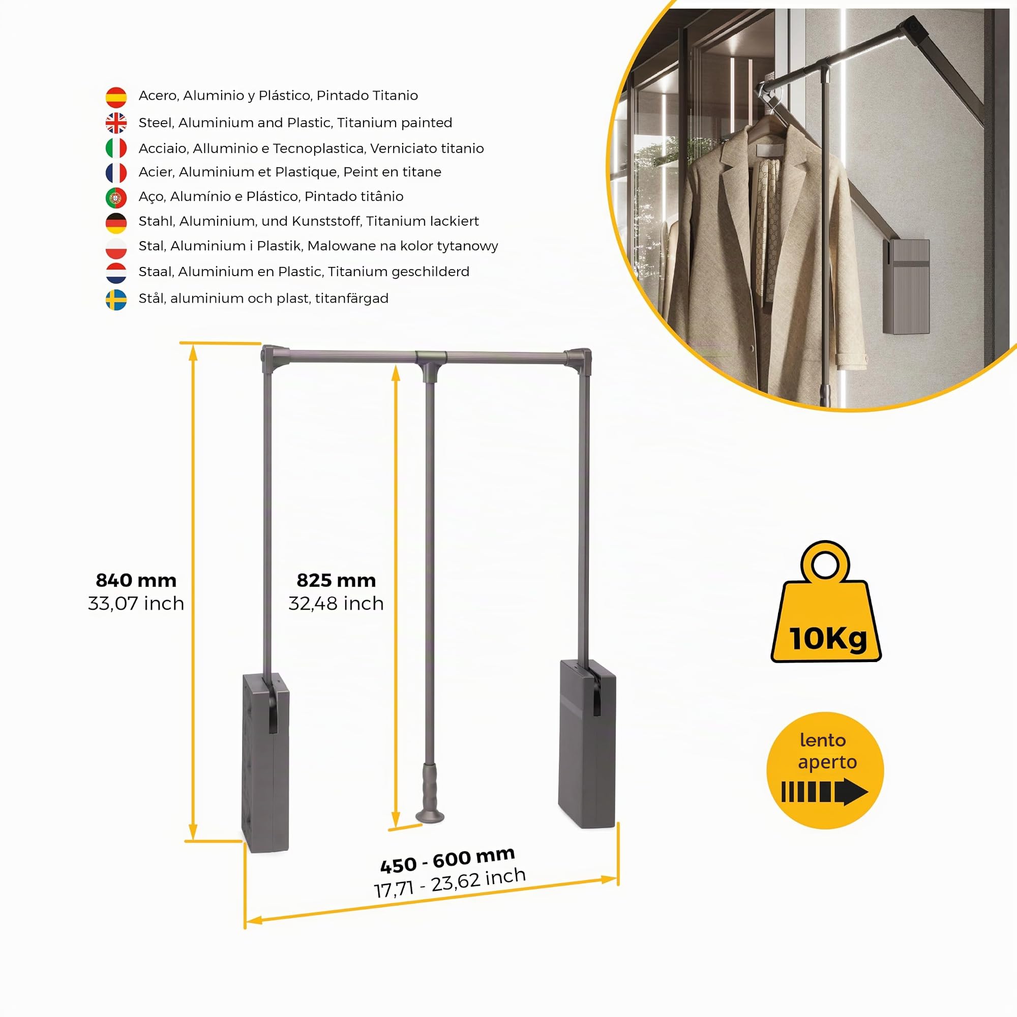 Emuca - Appendiabiti per armadio Sway, barra appendiabiti saliscendi larghezza regolabile 450-600mm, Acciaio, Alluminio e Tecnoplastica, Verniciato titanio