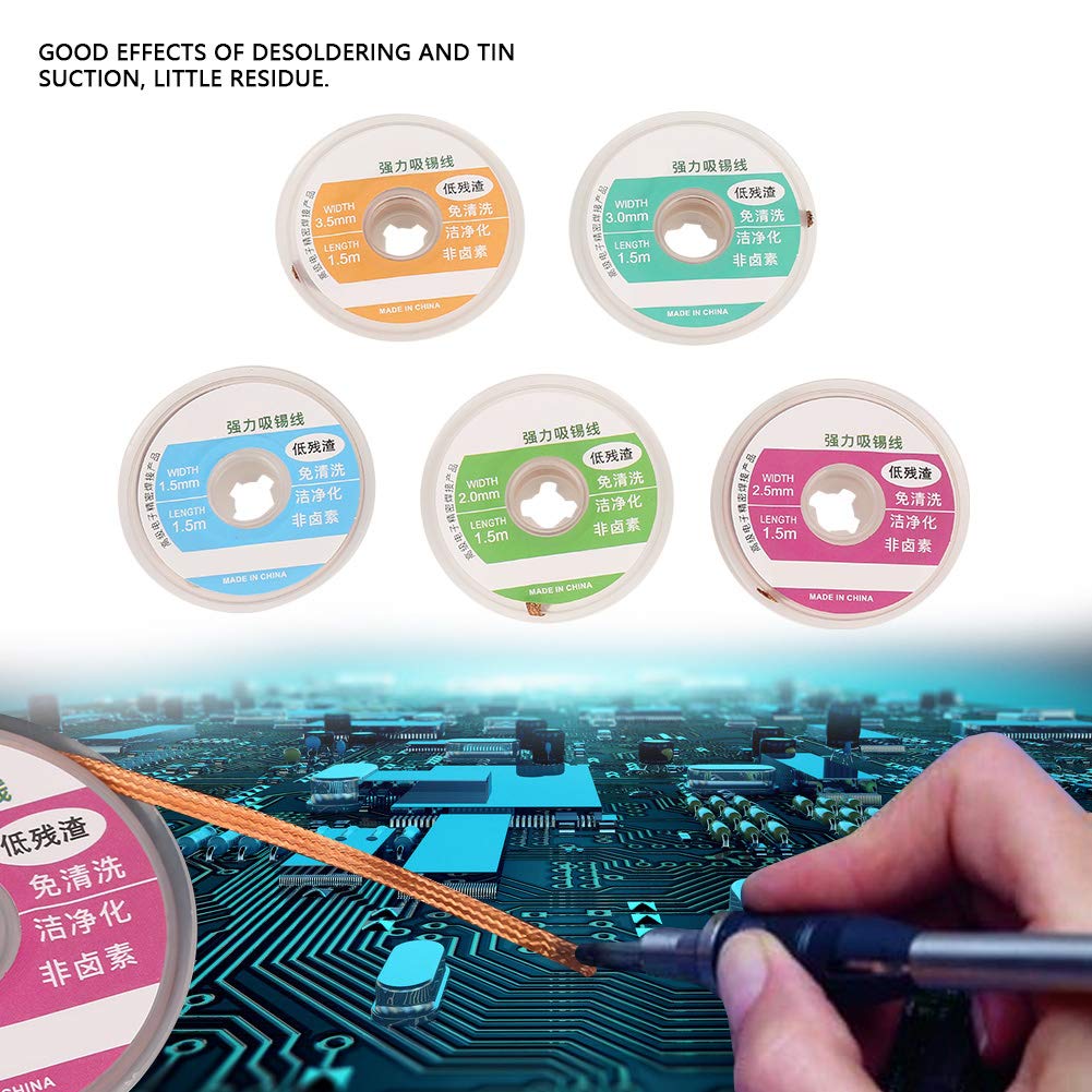 5Pcs 1.5m Solder Wick Desoldering Braid Wire Solder Remover, 1.5/2.0/2.5/3.0/3.5mm Solder Wick for The Desoldering of Print Circuit Board