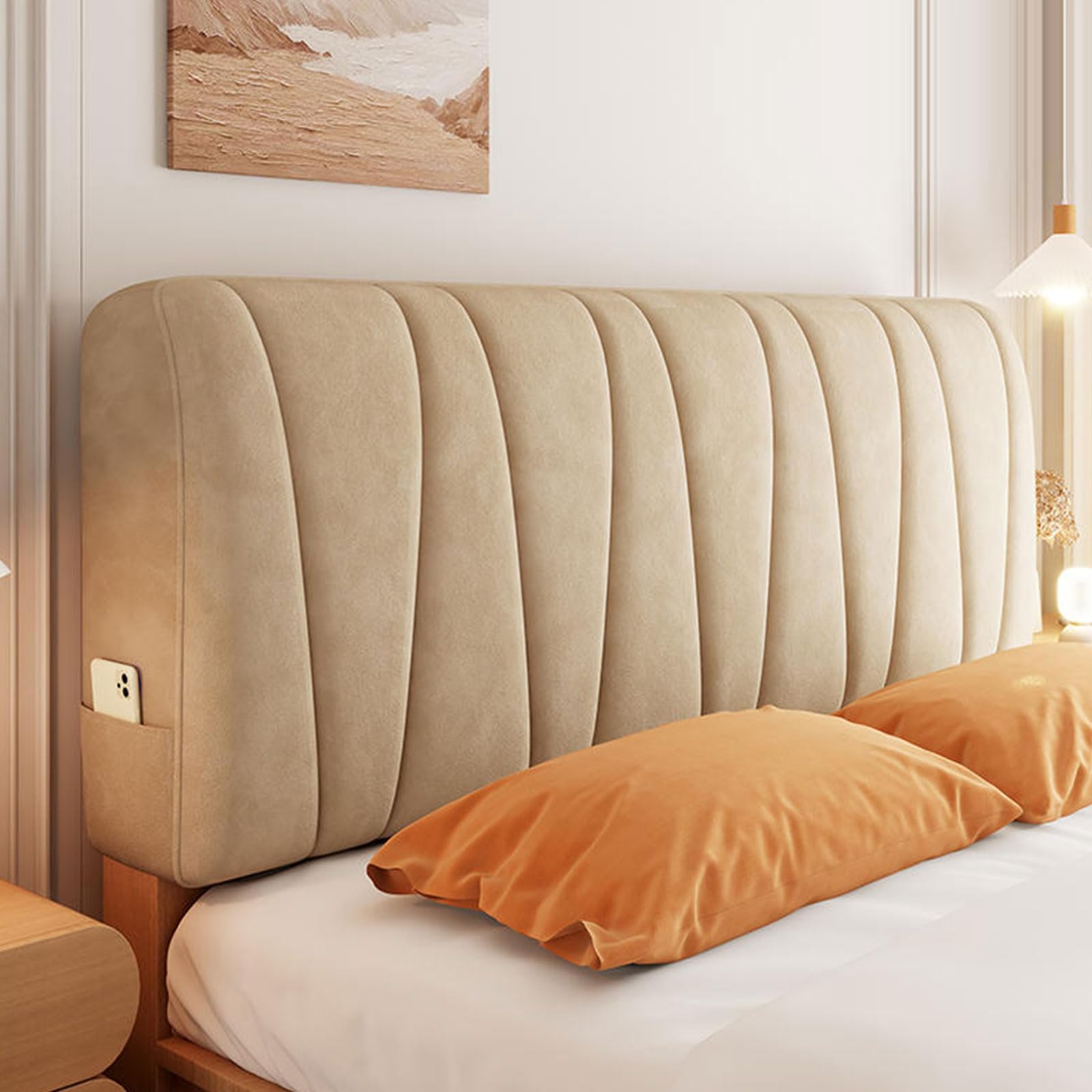 Baby Velvet Bed Headboard Covers Cotton Filling Short Plush Upholstered Stretch Head Cover Slipcover Double Single Queen King Board Protector for Bedroom Décor(Size:160cm, Color:, Brown