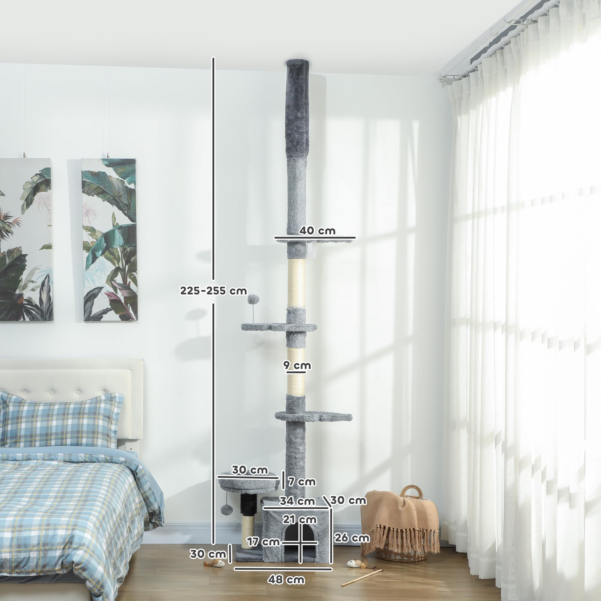 PawHut Albero per gatti da terra a soffitto, torre per gatti multilivello regolabile in altezza da 225 a 255 cm, con tiragraffi in sisal, cuccia, letto e palla sospesa, rivestimento in peluche, grigio