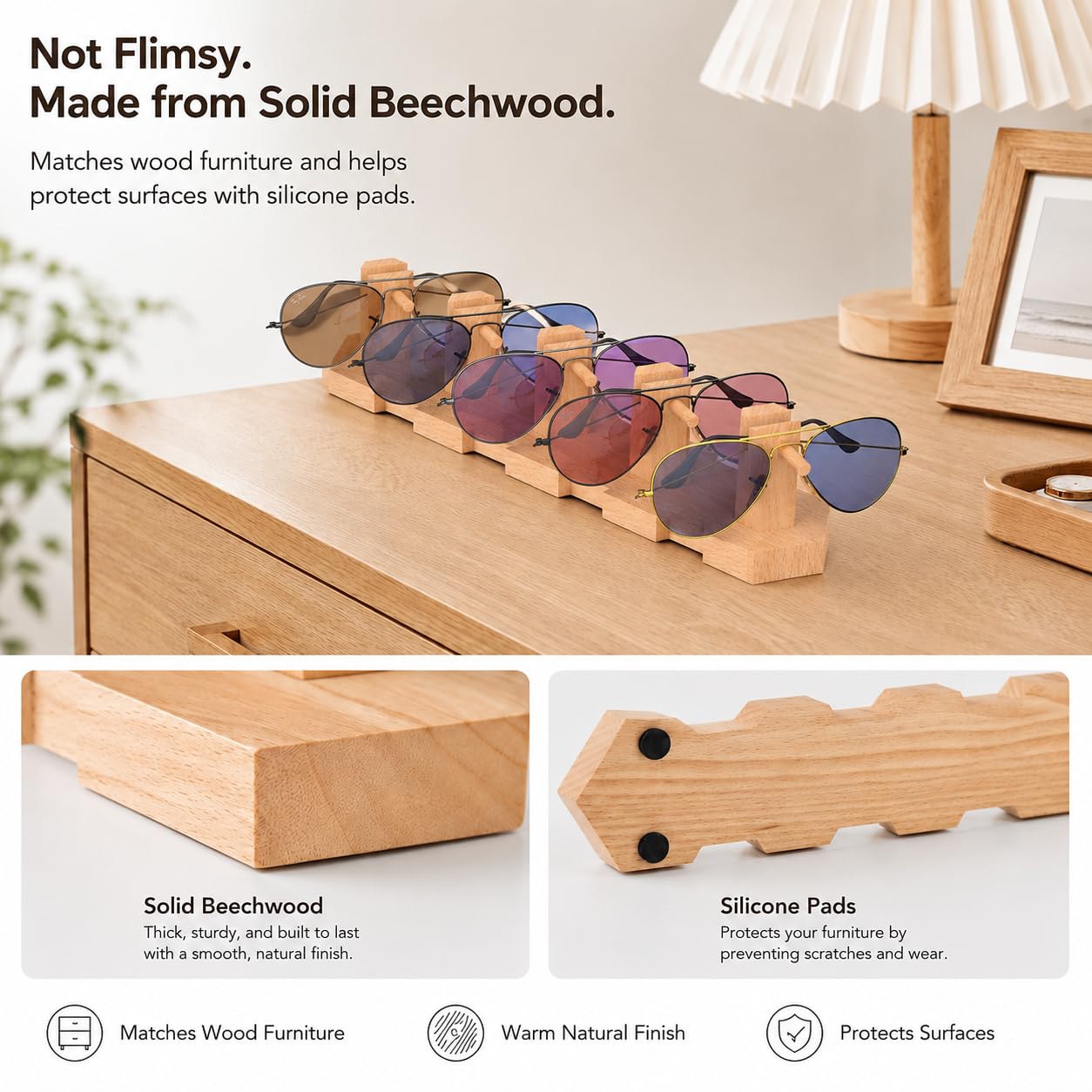 VOREN Soporte organizador de gafas de sol de madera de haya, estante de almacenamiento de gafas de alta calidad para 5 pares, soporte estable y sin montaje para gafas de sol y exhibición de gafas de