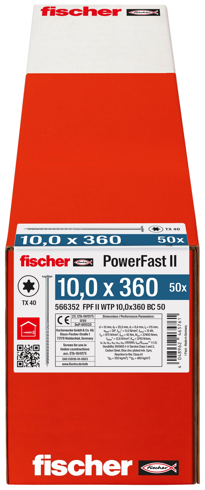 fischer PowerFast II WTP 10,0 x 360 - Tornillo potente para construcción de madera con cabeza de plato, alojamiento de estrella interior y rosca parcial, 50 unidades