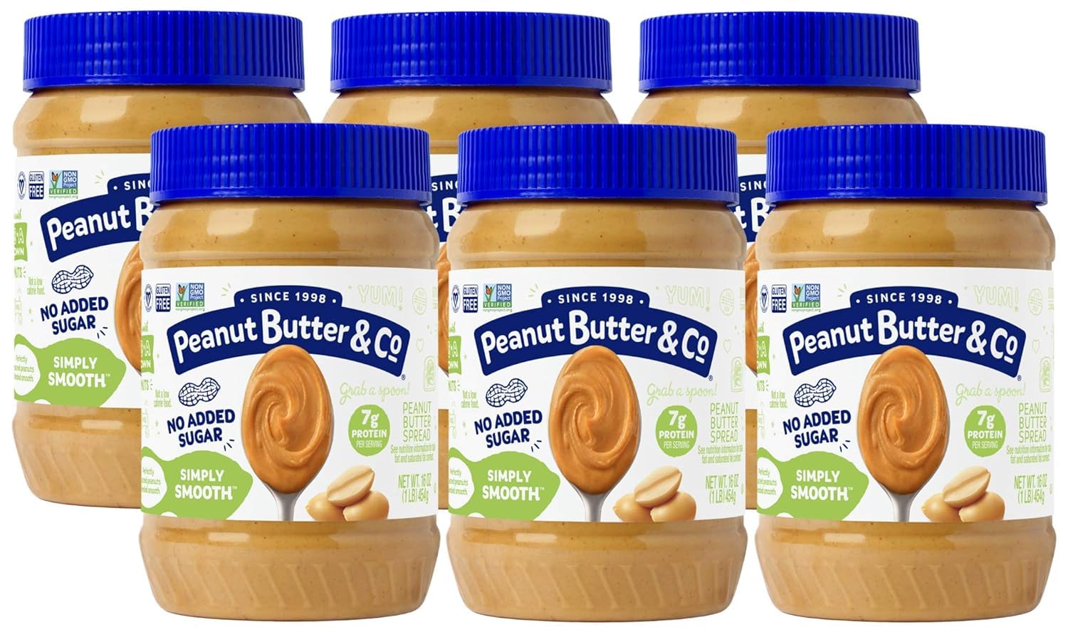 Simply Smooth No Sugar Added Peanut Butter, 7g Protein, Non-GMO Project Verified, Gluten Free, Vegan, 16 Ounce (Pack of 6)