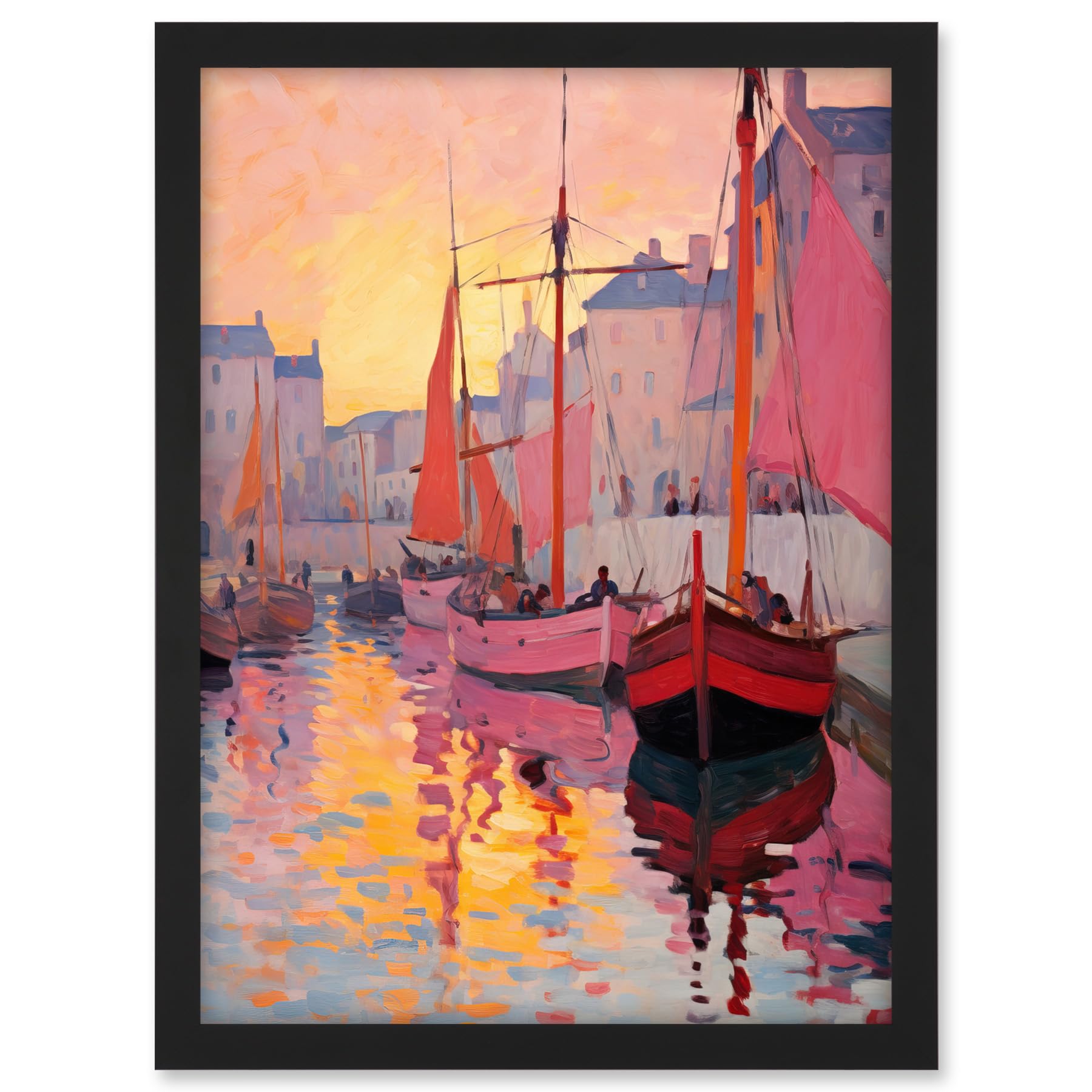 Artery8 Sailboats Reflecting in Harbour Water Pink Orange Sunset Oil Painting Anchoring by Promenade Artwork Framed A3 Wall Art Print
