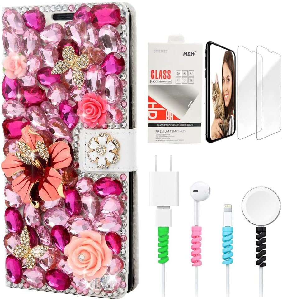 STENES Bling Wallet Phone Case Compatible with iPhone 14 Plus - Stylish - 3D Handmade Sunshine Flower Butterfly Leather Cover with Screen Protector & Cable Protector - Purple