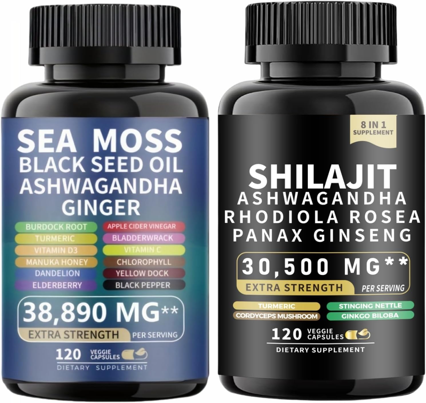 Shilajit Complex + Sea Moss Supplement Bundle – Blended Vitamin & Mineral Supplements for Stamina & Immunity, Supports Vitality & Wellness | 240 Vegan Capsules