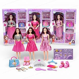 SHAKTISM Beauty Doll Set for Girls with Makeup, Dress, Accessories, Wardrobe Closet, Hangers, Necklace, Multicolor, 3+ Years - Random Colour - 1Pc