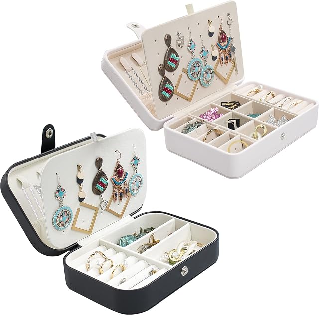 2Pcs Jewellery Box Organiser, SMFANLIN Small Travel PU Leather Jewelry Storage Case with Earrings Plate, Portable Jewelry Display Box for Rings Earrings Necklace Bracelets (White, Black)