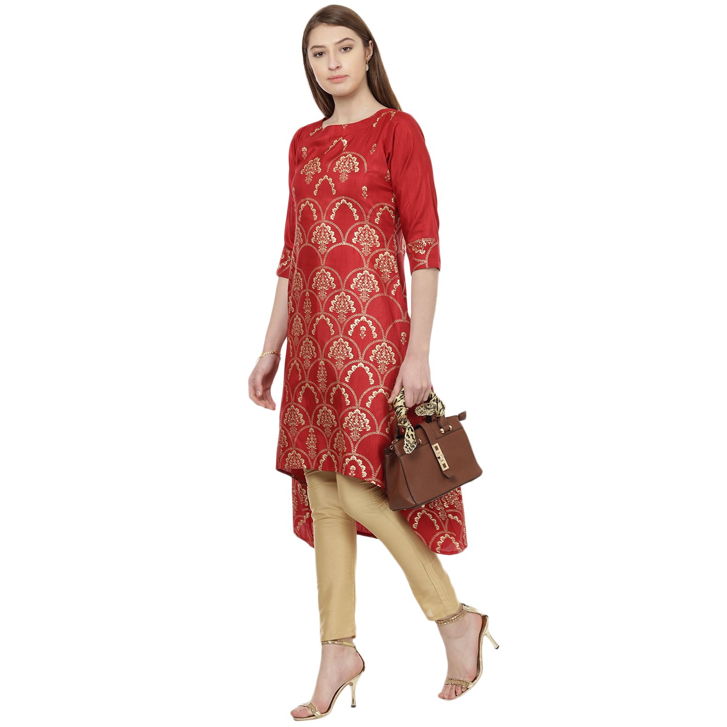 ZIYAAWomen's Gold Foil Print Flared Polysilk Kurta