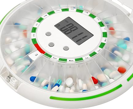 Automatic Pill Dispenser with Flashing Light, Sound, Alarm and Safety Lock, 28-Day Electronic Medication Organizer – Dispense Vitamins and Tablets Up 6 Times/Day – Easy Read Display, Frosted