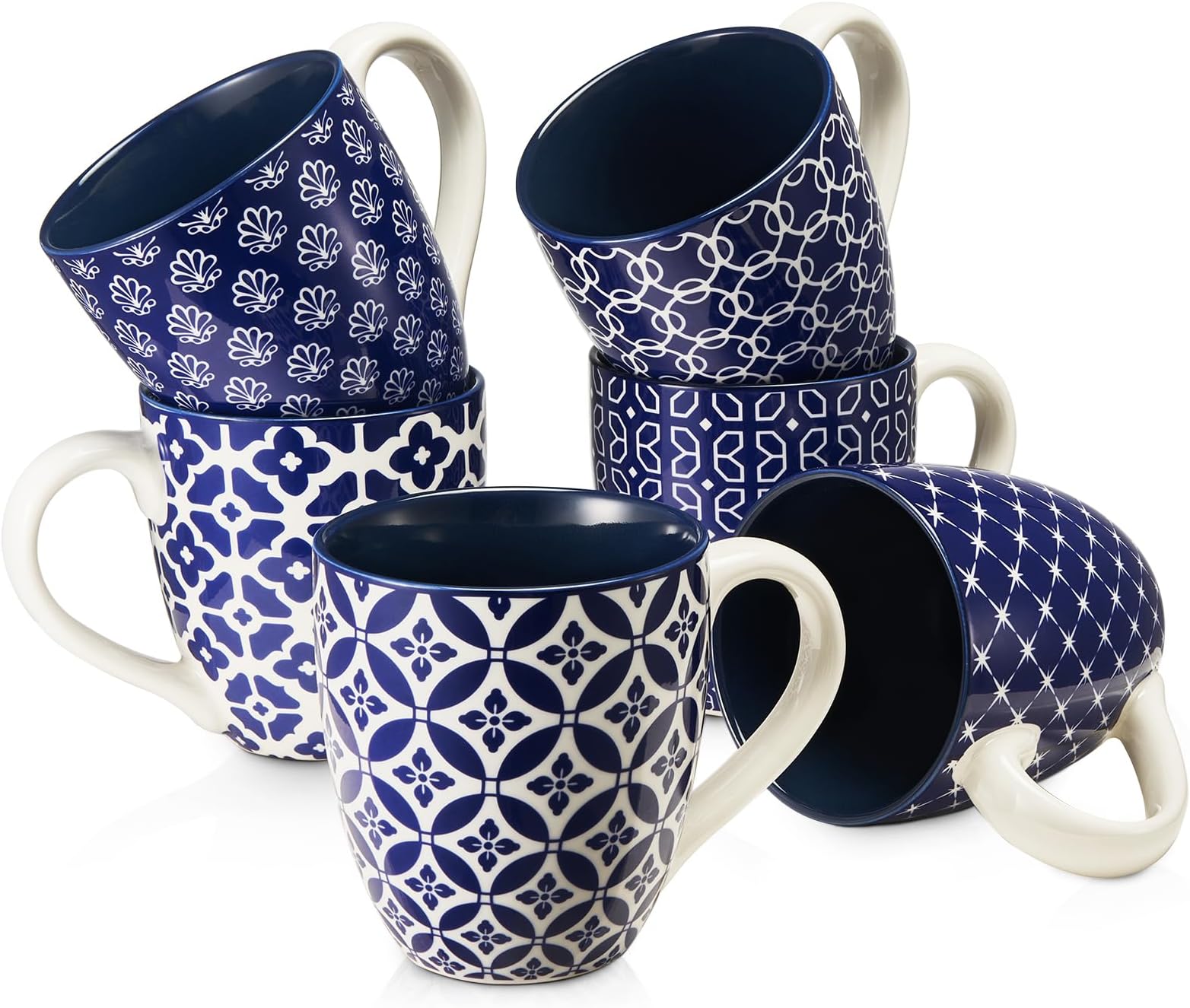 DOWAN Coffee Mugs Set of 6-19oz/560ml Ceramic Mugs Set - Large Tea Coffee and Hot Chocolate Cups - Oriental Classic Pattern Mugs - Great Gift for Lovers - Blue and White