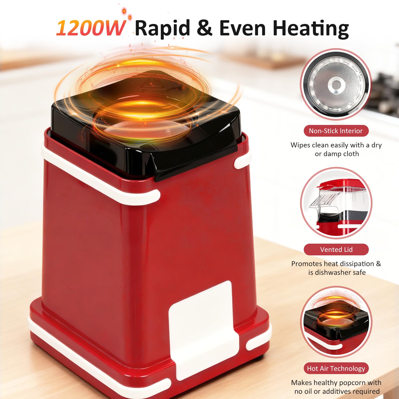 VINATO Macchina Popcorn, Aria Calda 1200W Senza Olio Macchina Popcorn, 1 Pulsante, Prepara Popcorn in Soli 2 Minuti Ideale per Casa e Viaggi