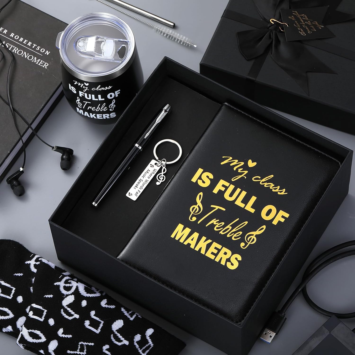 6 Pcs Music Band Teacher Gift for Men My Class Is Full of Treble Makers 12 oz Stainless Steel Cup Socks Keychain Pen Notebook Box for Teacher Appreciation Day Musicians Musical Lovers Gifts - Image 3