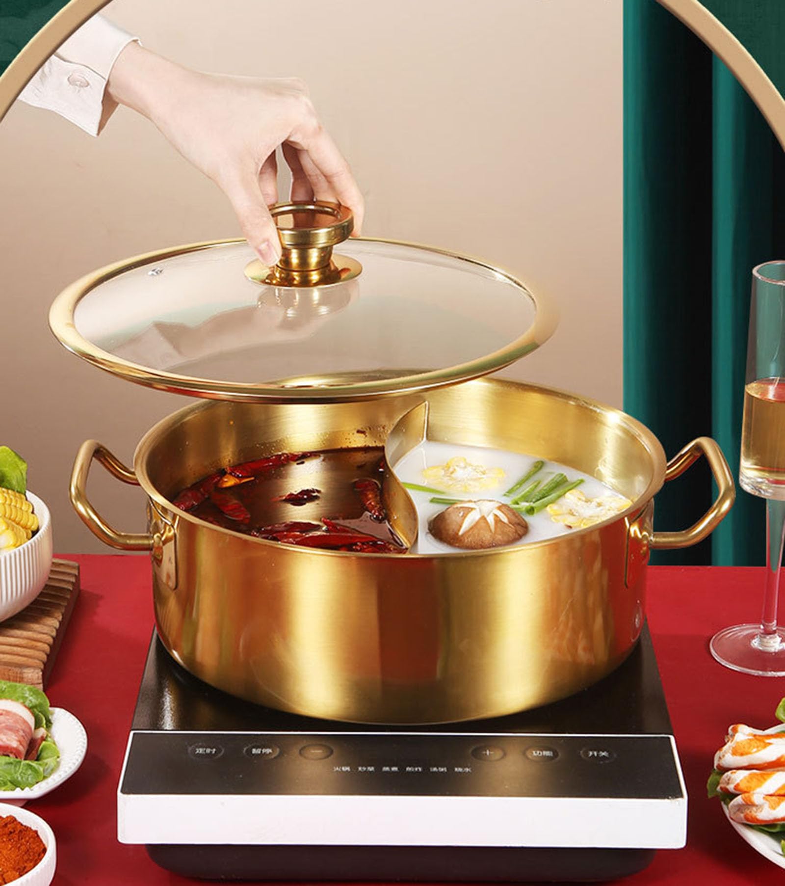 Kochtopf ShabuPot mit Trennwand und Deckel, Shabu-Topf aus Edelstahl 304, Suppenkellen für Induktionsherd, Gasofen, Cerankochfeld, Suppenkelle im Lieferumfang enthalten, transparen