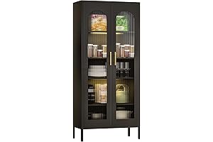 Black Metal Curio Cabinet with Glass Doors and Shelves