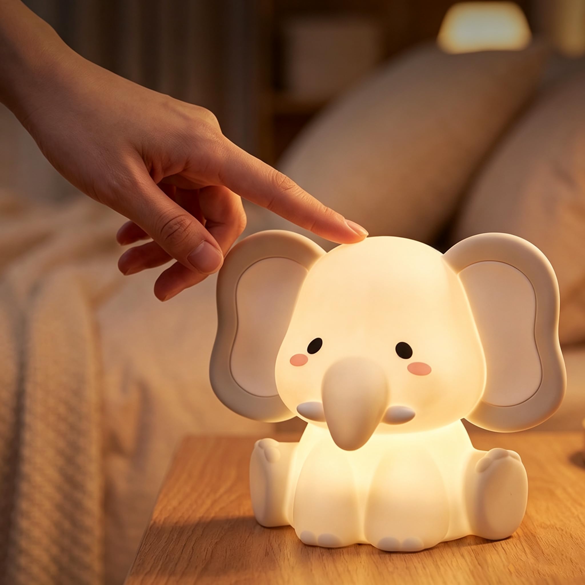 Kids Night Light, Cute Elephant Silicone Touch Bedside Lamp with 3 Warm Modes & RGB, Rechargeable Timer Glow for Nursery Bedroom Sleep