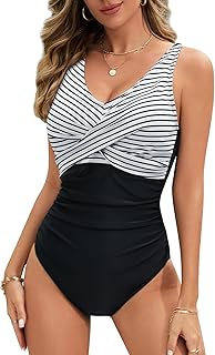 Bañador Mujer Barriga Escote en V Cintura Alta Slim Fit Bañador Push Up con Relleno Sexy Traje de Baño De Una Pieza Mezclar Colores Bañadores con Aros