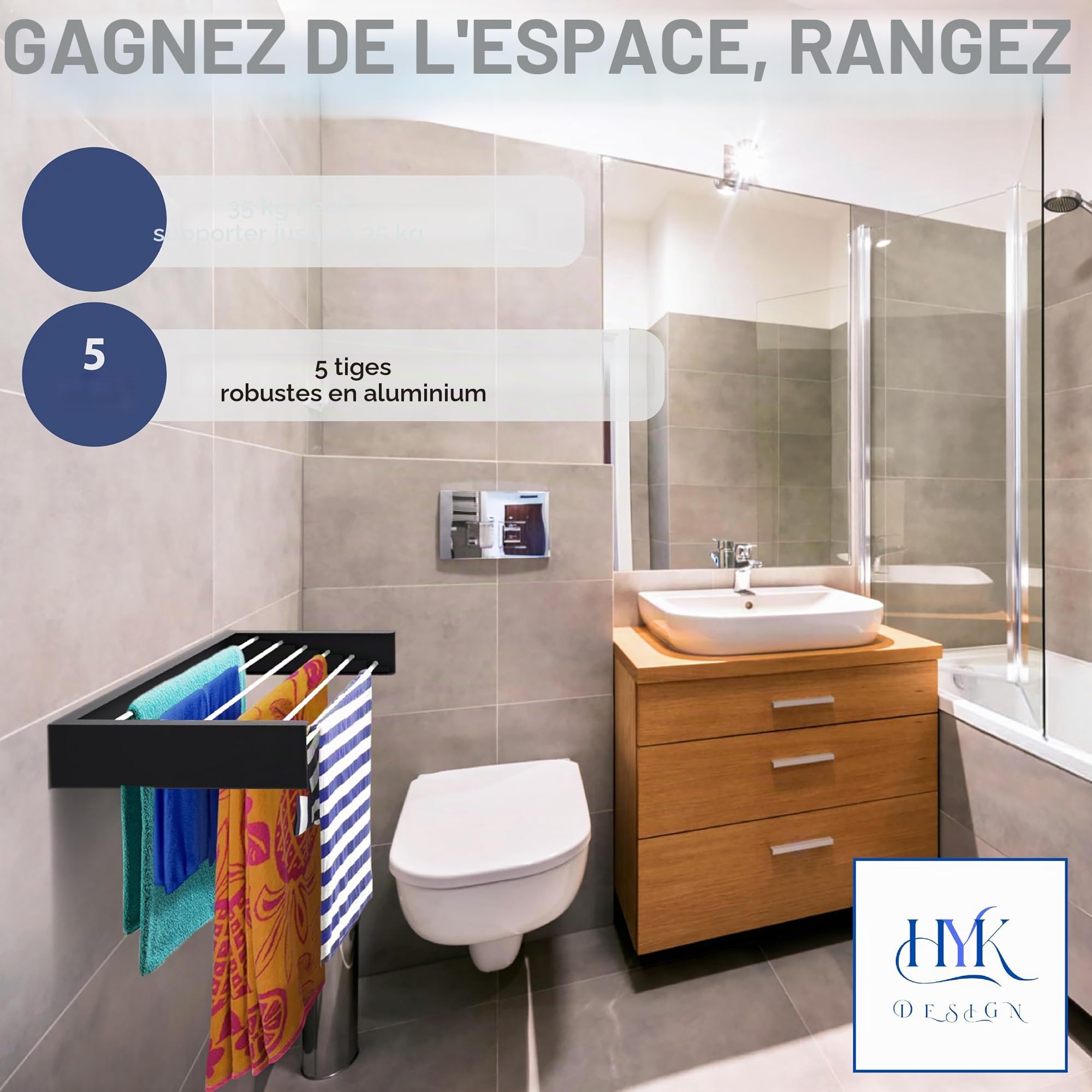 HYK Étendoir à linge mural pliable, capacité de 35 kg, utilisation intérieure et extérieure, facile à installer, étendoir rétractable pour linge, chambre à coucher, jardin (BLANC, 70 cm)