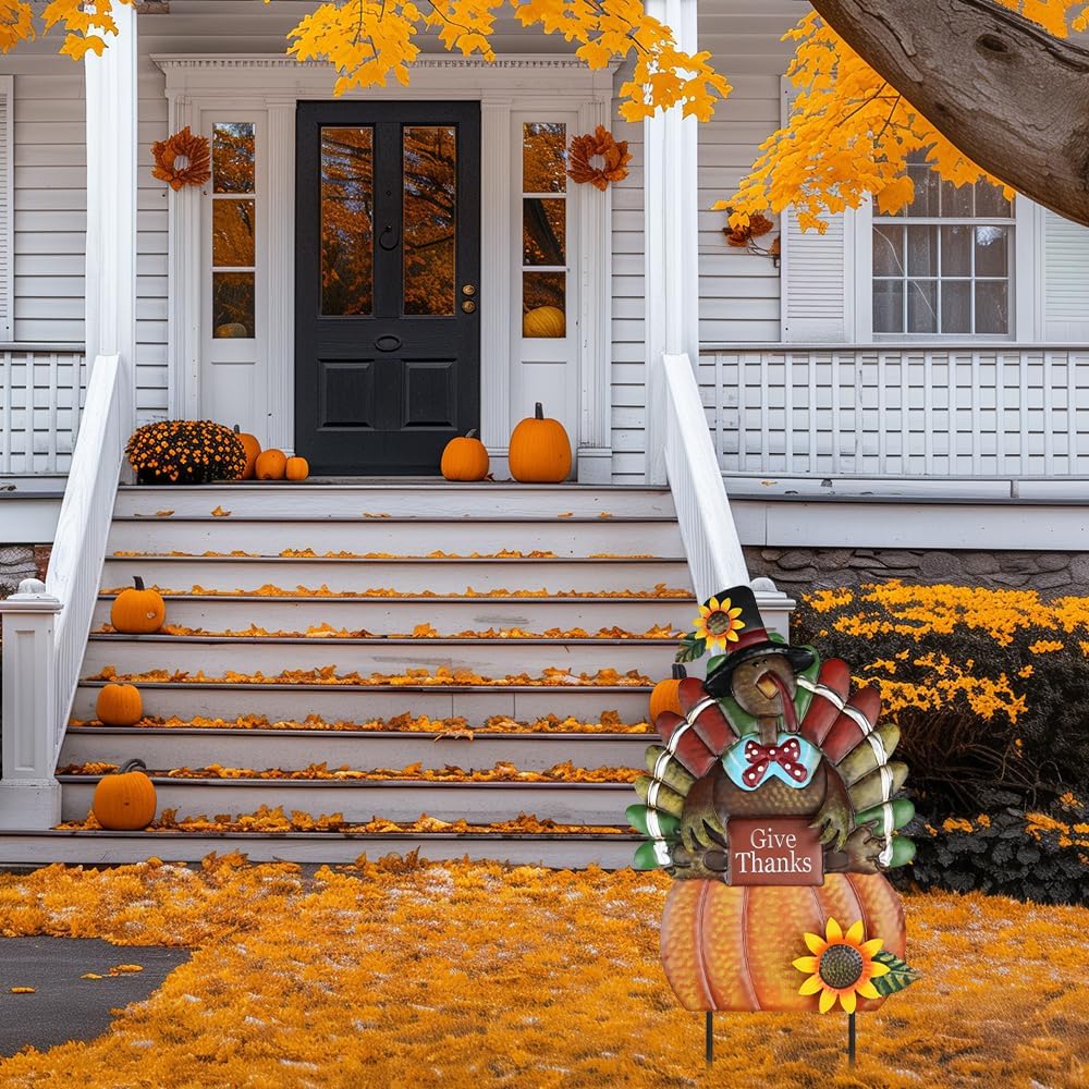 hogardeck Fall Decorations for Home Outdoor, Metal Turkey Decorative Garden Stakes with Pumpkin Sunflower for Fall Decor, Yard Signs for Garden Home Lawn Patio Thanksgiving Decorations