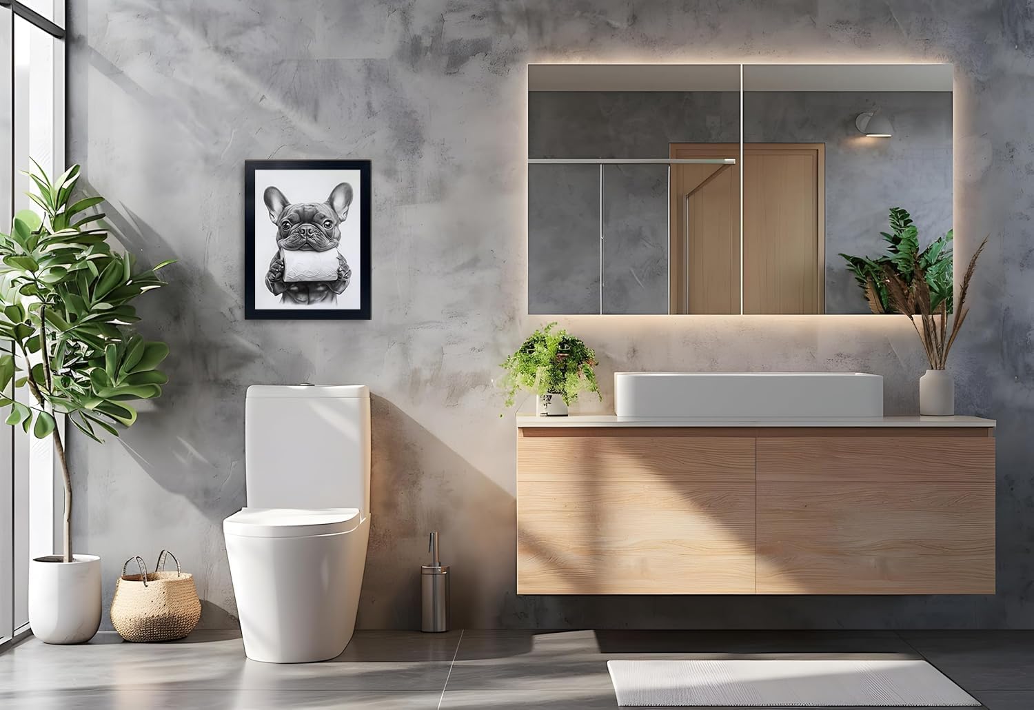 Bathroom Picture Wall Decor, Framed Black and White Bathroom Wall Art, Toilet Paper in Little Funny French Bulldog's Hand Canvas Print Painting, 14"x11"