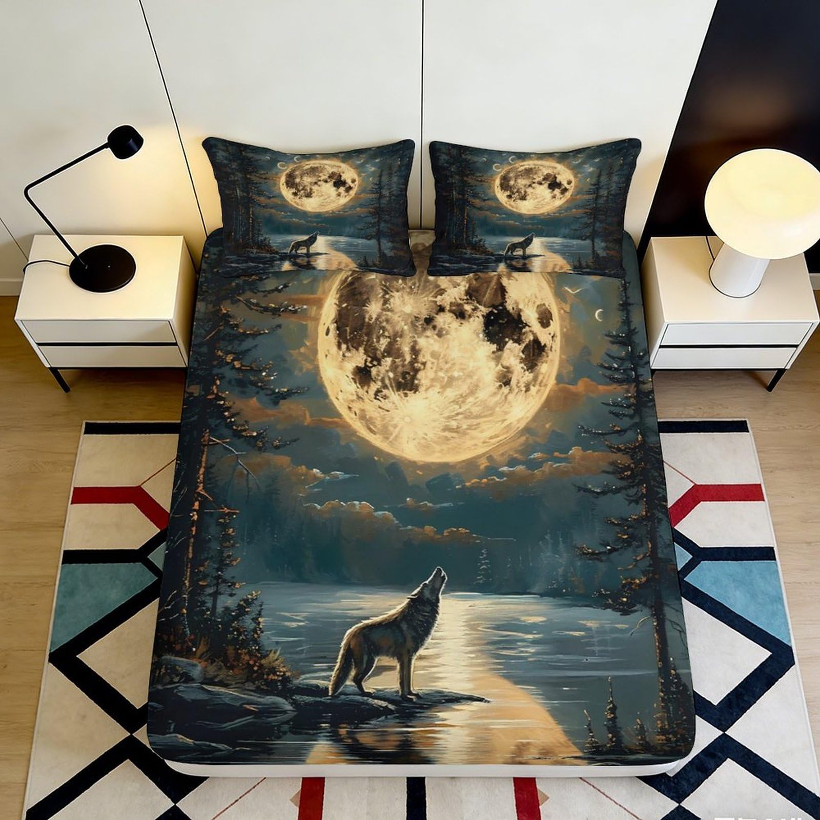 Pnayamiorkfel Style-7 3D Printed Wolf Moon Fitted Sheet Microfiber Soft Breathable Forest Lake Bed Cover For Bedroom Guest Room Decor 90X200x25cm