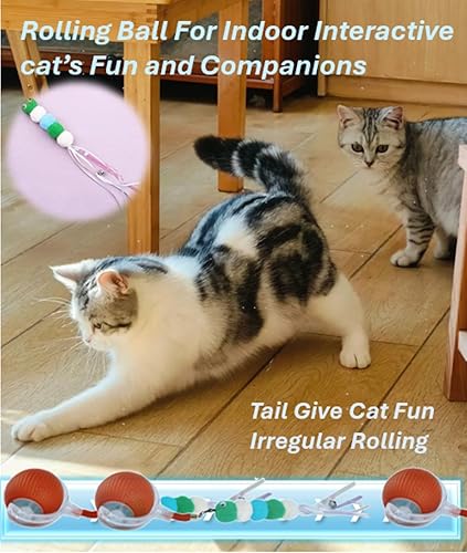 Vista 3 de Pelota de juguete interactiva para gatos con divertida cola y campana, movimiento automático para gatos de interior, rodando rápidamente