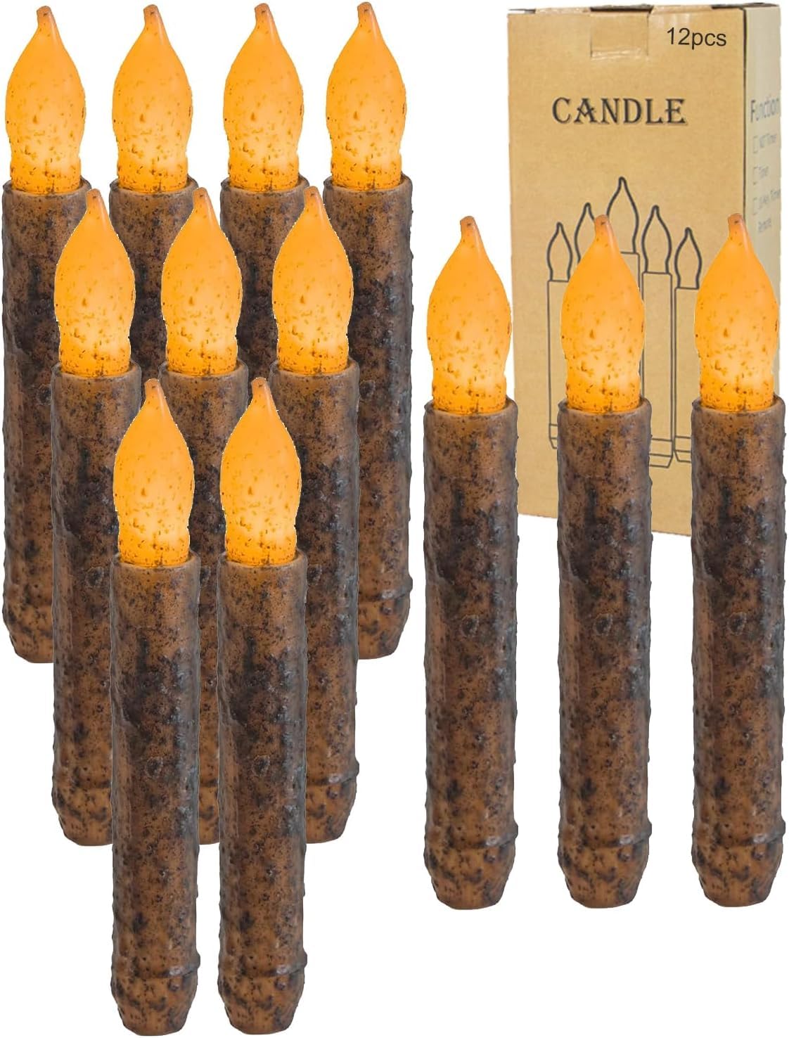 Paquete de 12 velas primitivas de cera real, funciona con pilas, sin temporizador, sumergidas a mano de 6.5 pulgadas, amarillo ámbar, parpadeante, rústico, sin llama, para decoración de