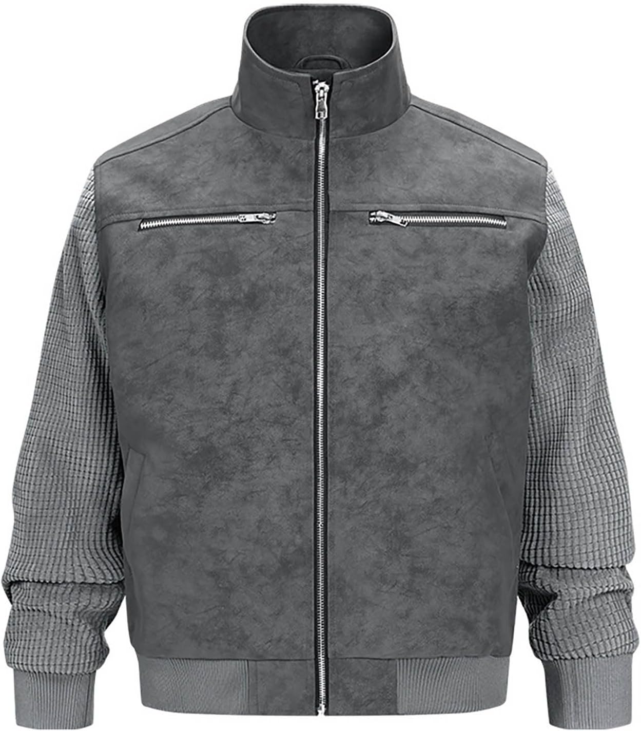 Zip Up Suede Jacket for Men Knitted Sleeve Casual Outerwear
