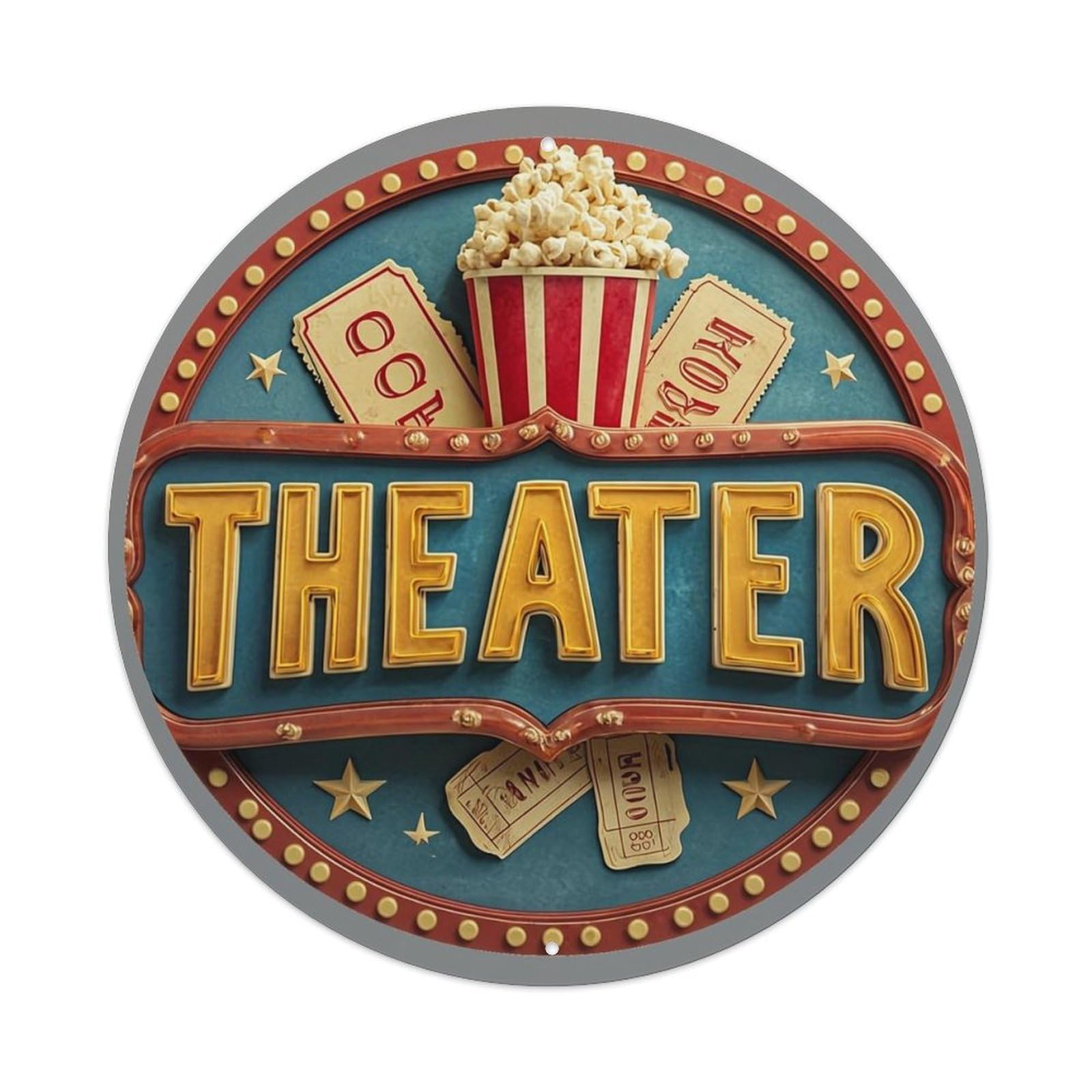 Jdyaojiesheng Vintage Theater Popcorn Tickets Stars Marquee Round Tin Sign Retro Metal Wall Decor Metal Poster, Home Bar Garage Farmhouse Cafe Wall Art Decoration 8X8inch