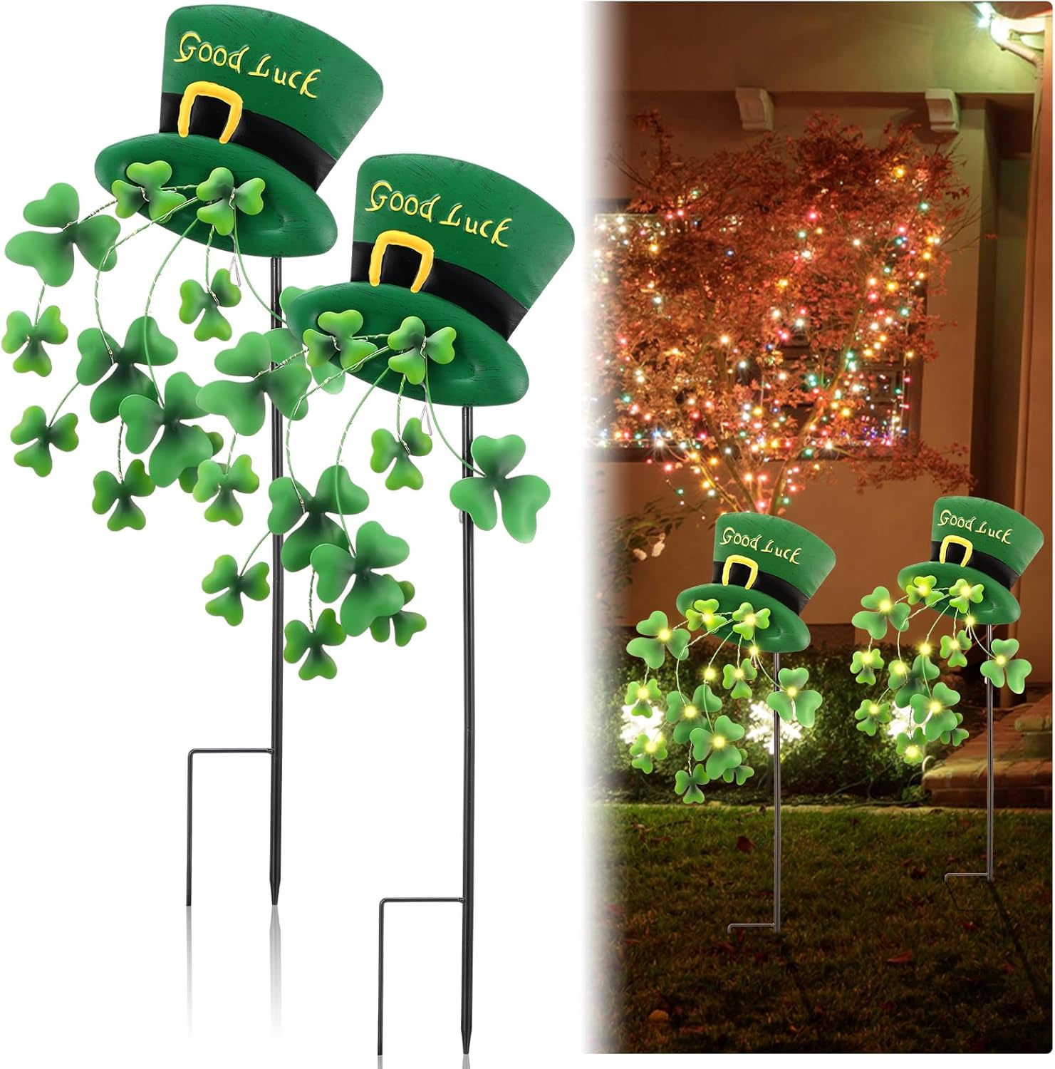 Novabright 2 Pcs 24.4'' St. Patrick's Day Outdoor Decorations Saint Patrick's Garden Stakes with Solar Light Decorative Metal Leprechaun Shamrock Hat Yard Signs for Garden Lawn Porch