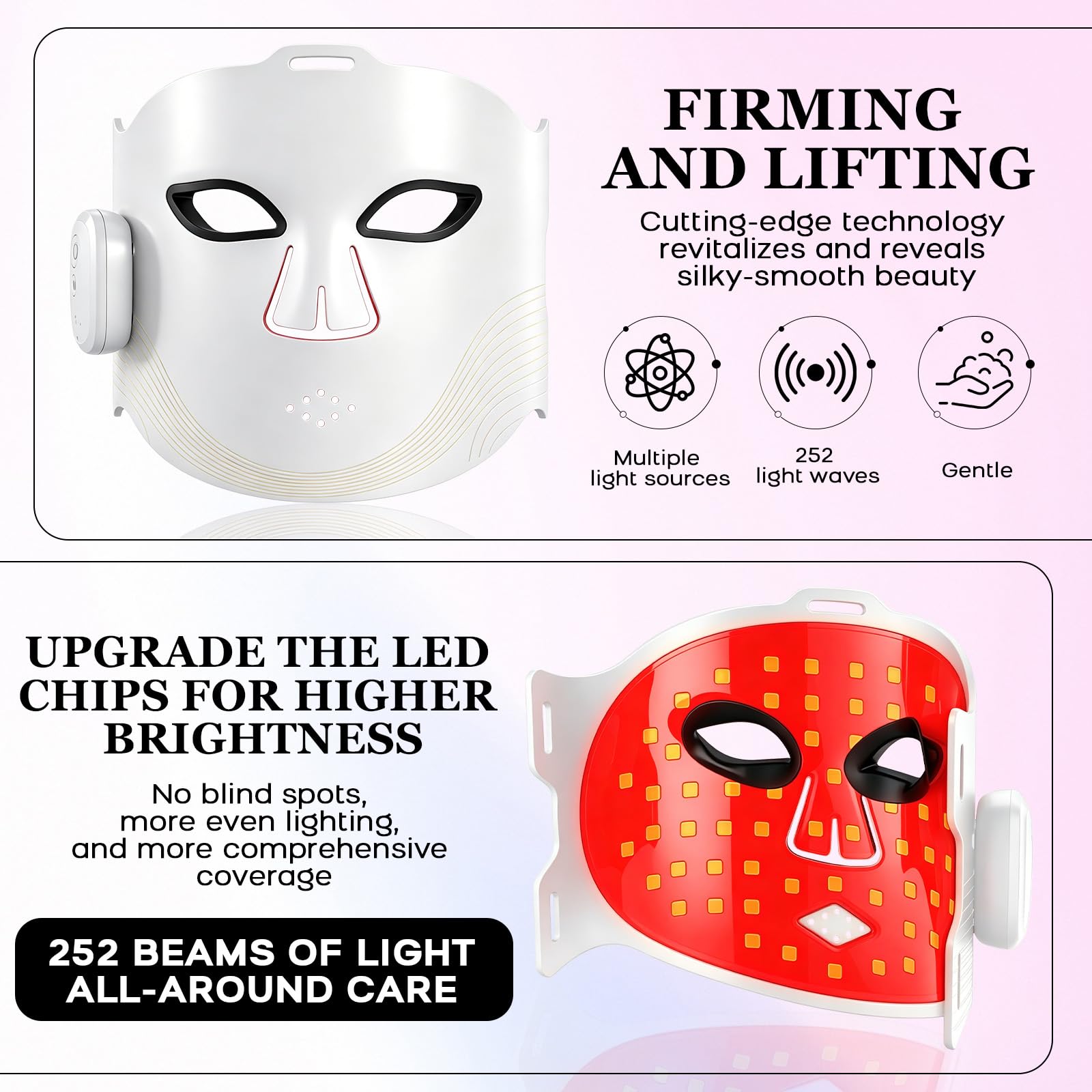 Maschera LED Viso con Luce Rossa e Infrarossi 850nm, Maschera Viso LED Morbida in Silicone con 252 LED e 4 modalità, Terapia con Luce Rossa e Blu per Il Viso per Tutti i Tipi di Pelle
