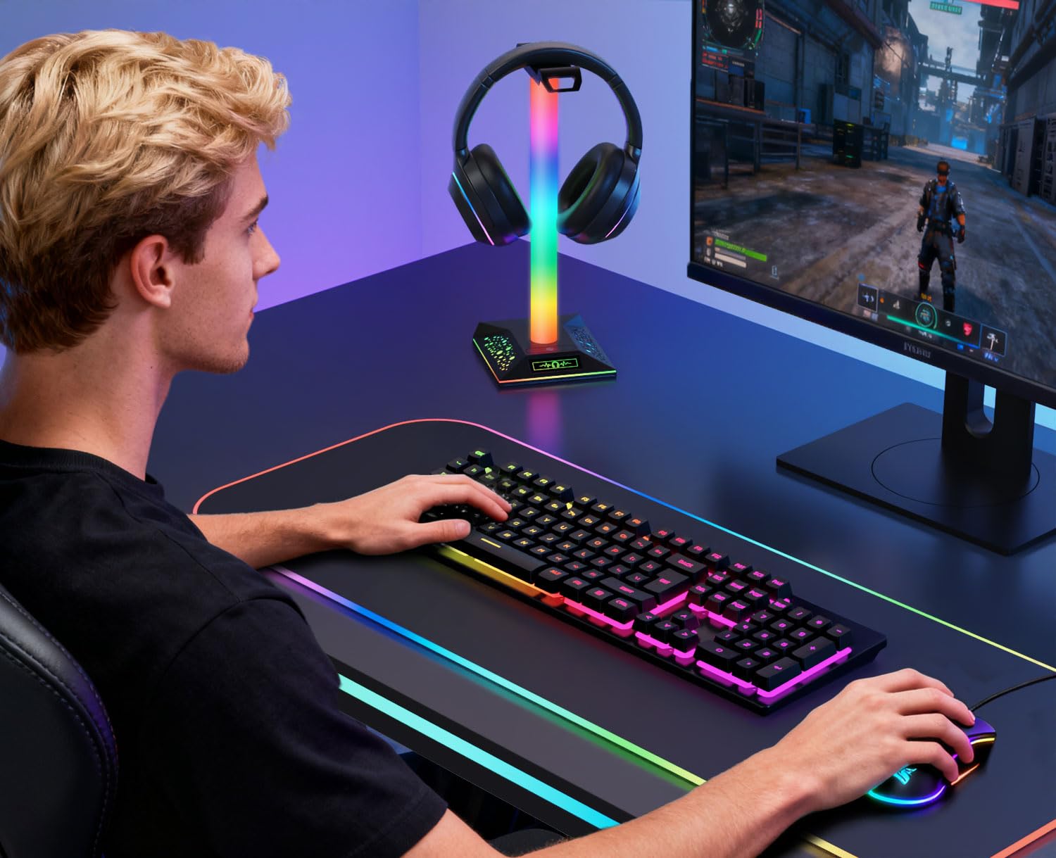 Supporto per cuffie da gioco RGB, supporto per cuffie a LED con 10 modalità di illuminazione, supporto per cuffie per ragazzi, accessori da gioco da scrivania per PC, regali per giocatori