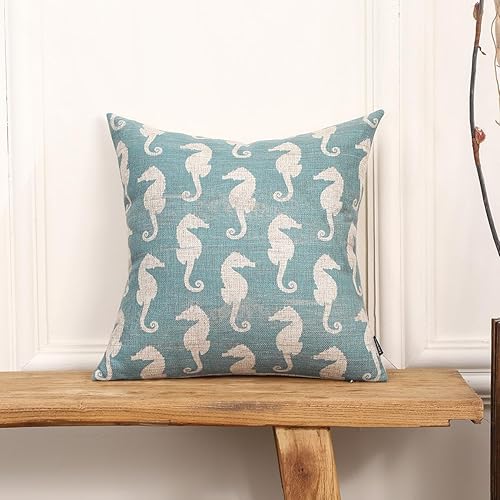 Miniatura 2 de TRENDIN Funda de almohada de caballito de mar de 18 x 18 pulgadas para sofá, decoración costera, funda de cojín cuadrada de lino para decoración del