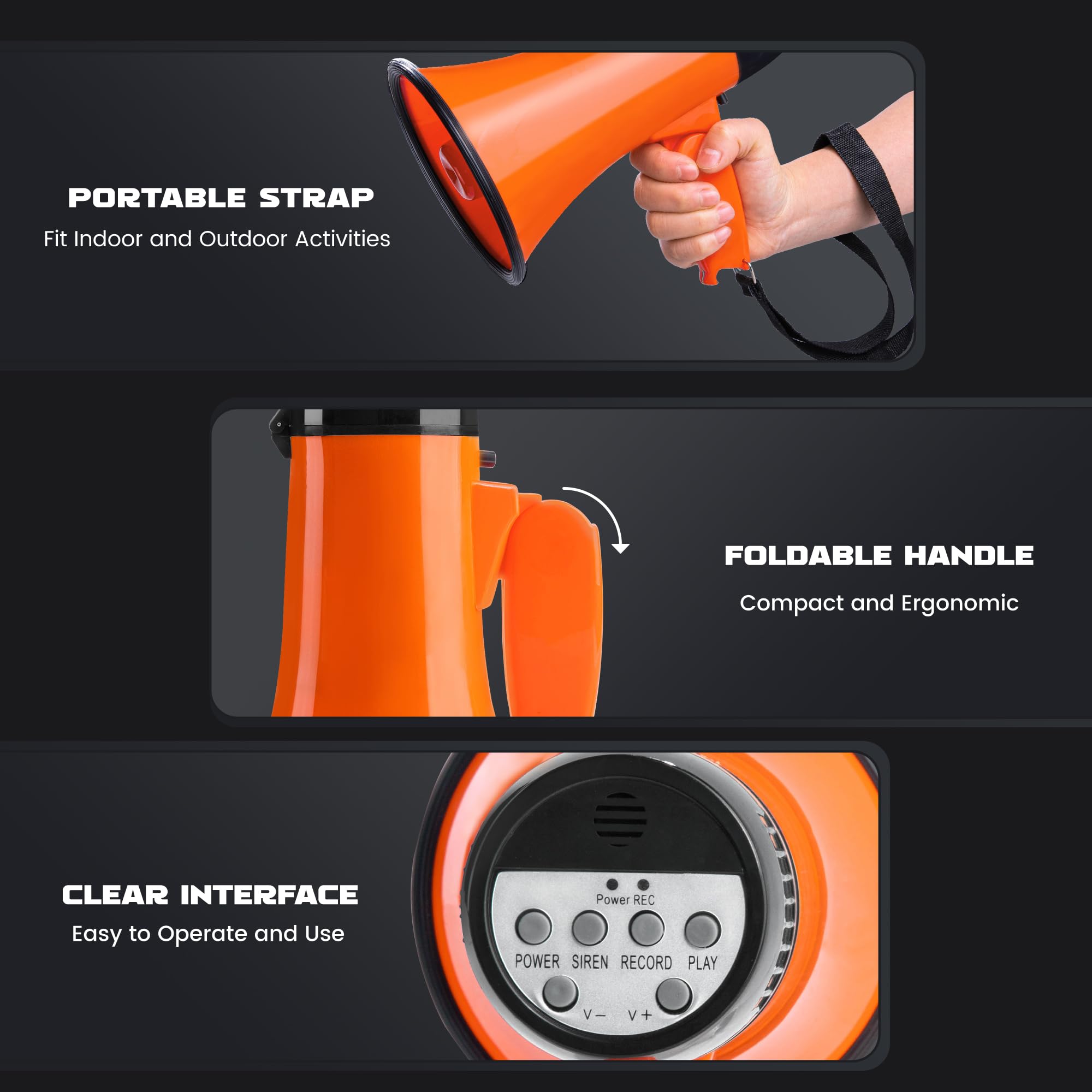 Megáfono portátil 20 W MyMealivos con Altavoz, Sirena, Alarma, Control de Volumen y Correa