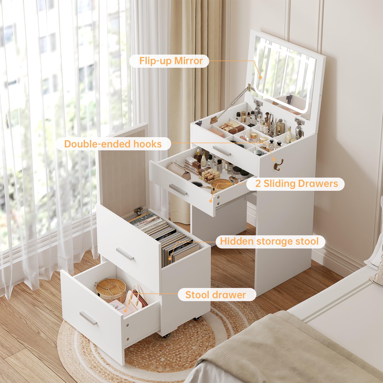 Airynee 3 in 1 Vanity Desk, Compact Vanity with 3 Drawers, Makeup Desk with Flip-up 3 Colors Lighting Mirror and Cushioned Stool, Small Vanities Nightstand Perfect for Bedroom, White