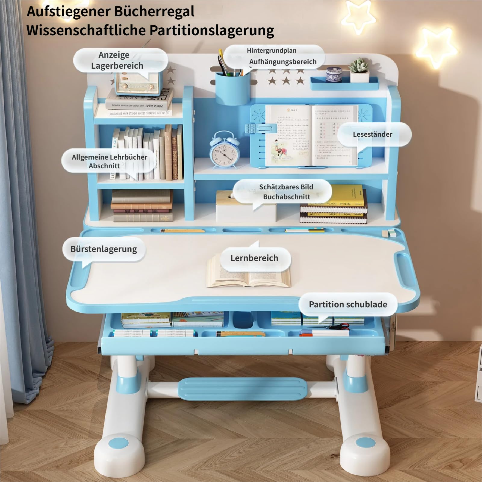 Kinderschreibtisch Set mit Bücherständer, Schüler-Schreibtisch und Stuhl, Kinderschule, Studiertisch mit Schubladenablagen, Bücherregal, Studienstuhl und Schreibtisch für Kinder (Blau)