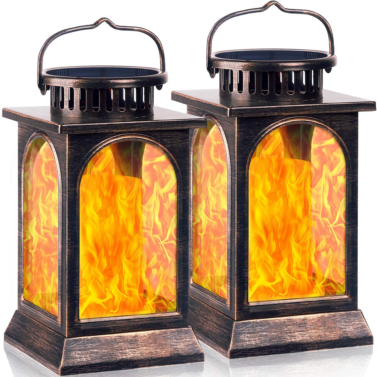 TomCareSolar Lights Flickering Flame Upgraded Metal Solar Lantern Outdoor Hanging Decorative Lanterns Heavy Duty Solar Powered Waterproof Outdoor Lighting for Patio Garden Deck Yard, 2 Pack (Bronze)