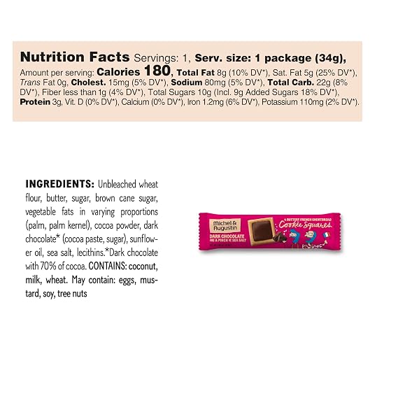 Michel et Augustin Cookies, Individually Wrapped Snacks Gift Box, Dark Chocolate & Sea Salt Shortbread Cookie Bars, 18-Pack, 4 French Butter Cookies per Bar
