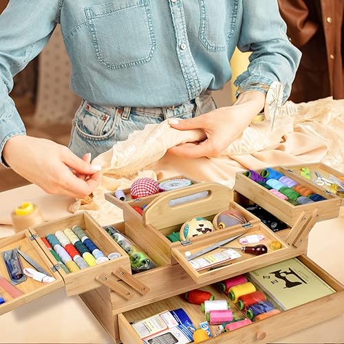 Miniatura 6 de Caja organizadora de madera para suministros de costura, caja de almacenamiento de pasatiempos, cajones de 3 niveles para herramientas de