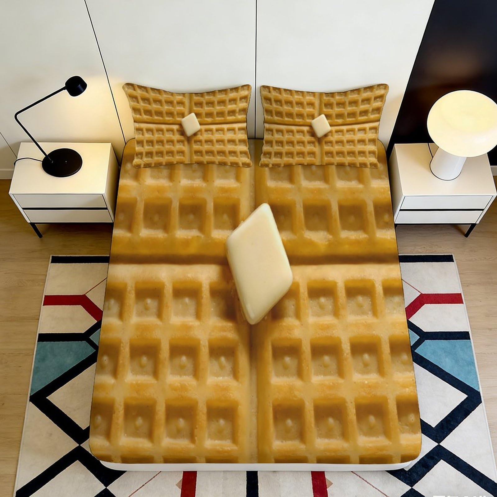 3D Printed Waffle Breakfast Fitted Sheet Microfiber Anti-Slip Bed Cover Butter Pattern for Bedroom Guest Room Decor 90x200x25cm