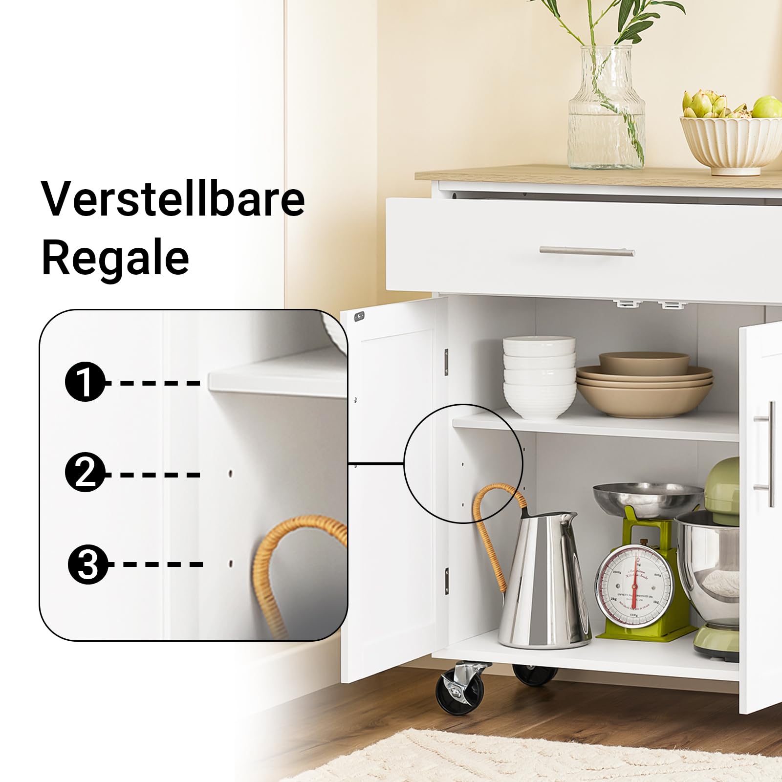 SoBuy Kücheninsel mit Arbeitsplatte, Küchenwagen mit Rollen, robuster Stauraum mit Edelstahl-Details, ideal als Servierwagen für Kaffeebar & Grillparty, für Kochliebhaber Weiß 99x85x40 cm FKW133-WN