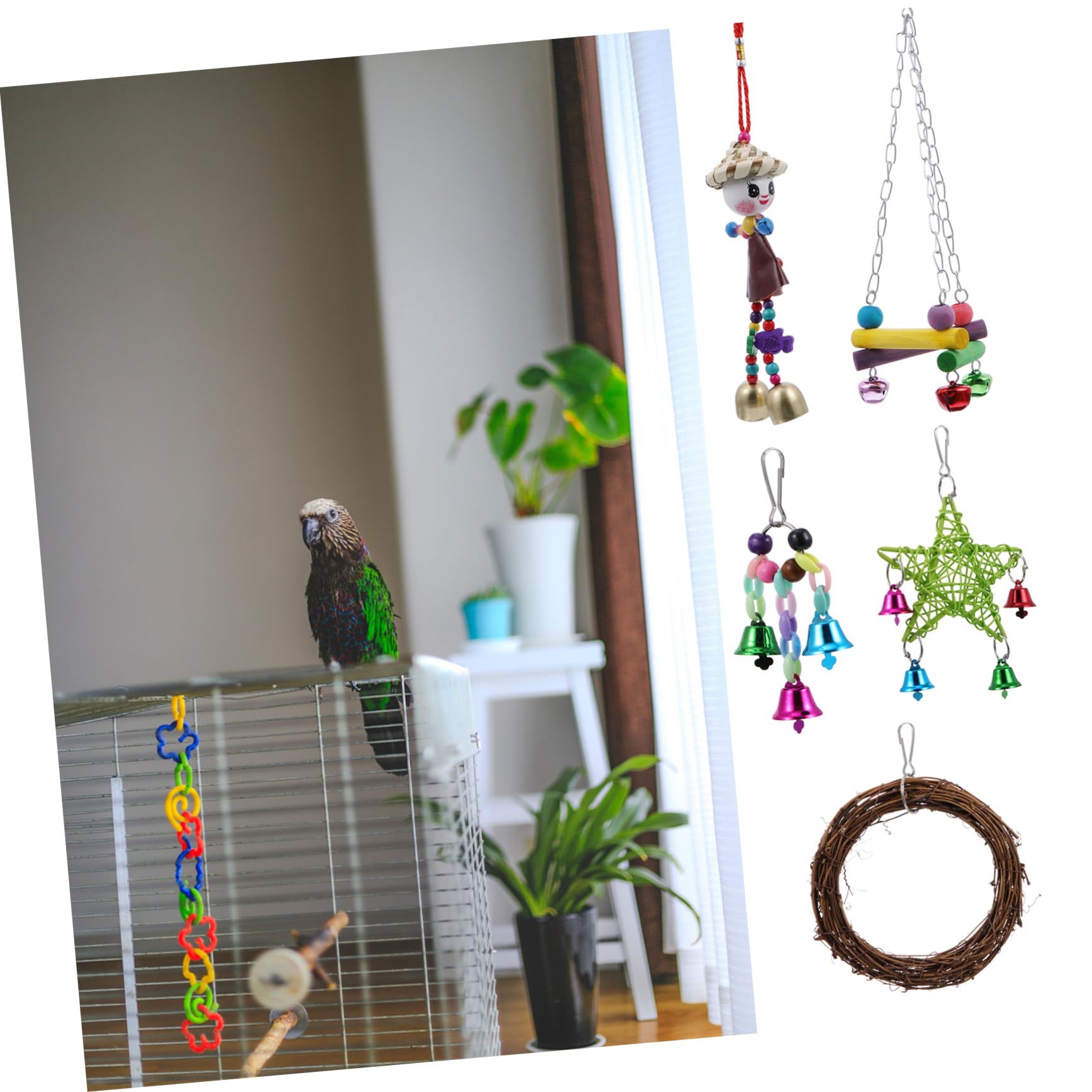 Juguete de Columpio para Pájaros, Set 5 Piezas de Madera | Rebabas, Decoración para Hogar, Apto para Aves y Fringílidos, Puente Multicolor Colgante