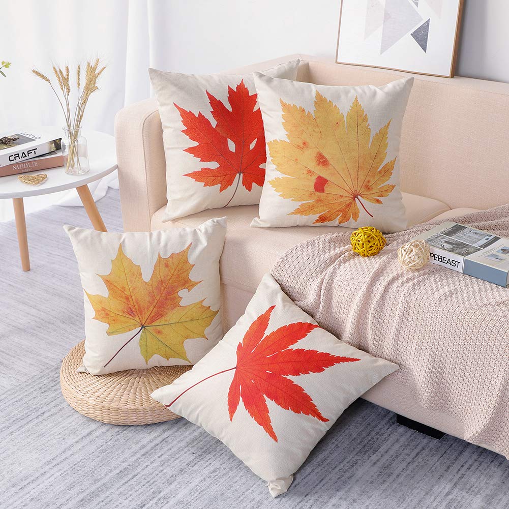 Artscope Federe Per Cuscini Divano 45x45 Cm – Set Da 4 Con Tema Autunnale Foglia D'Acero E Zucca – Cotone Lino Con Cerniera - 3