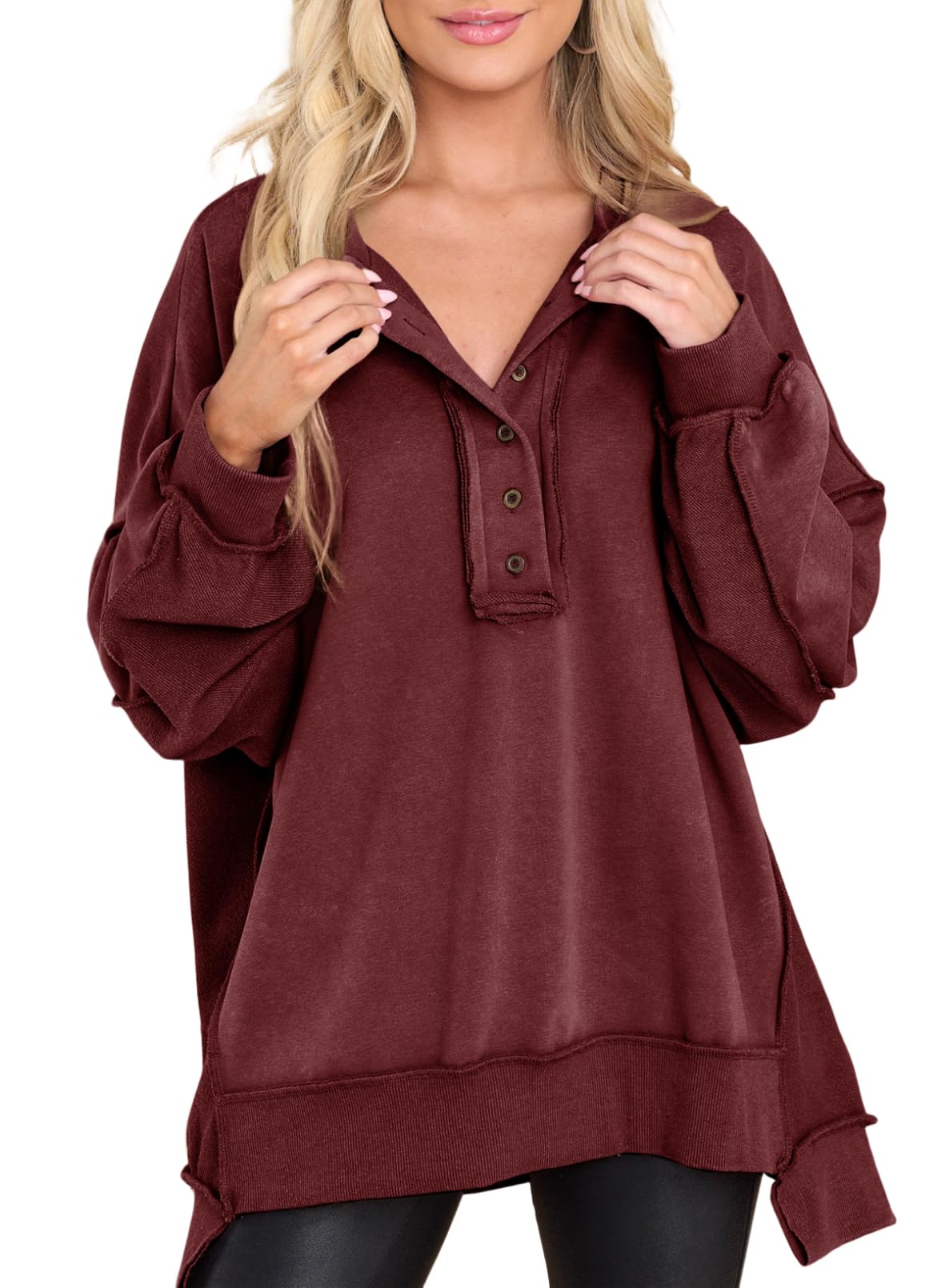 AlvaQSweatshirt for Women Oversized Casual Long Sleeve Button Henley Neck Pullover Tunic Tops Fall Fashion Outfits