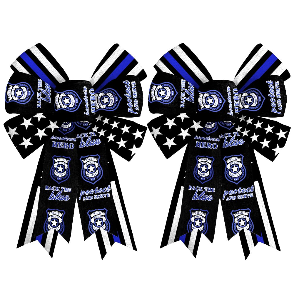HIENAJ 2 Pcs Police Badge Wreath Bows Blue Black Stripe Police Support Bows Burlap Memorial Day Patriotic Ribbons Bows for Veterans Day Police Day Indoor Outdoor Decoration Wreath Ornament Supplies