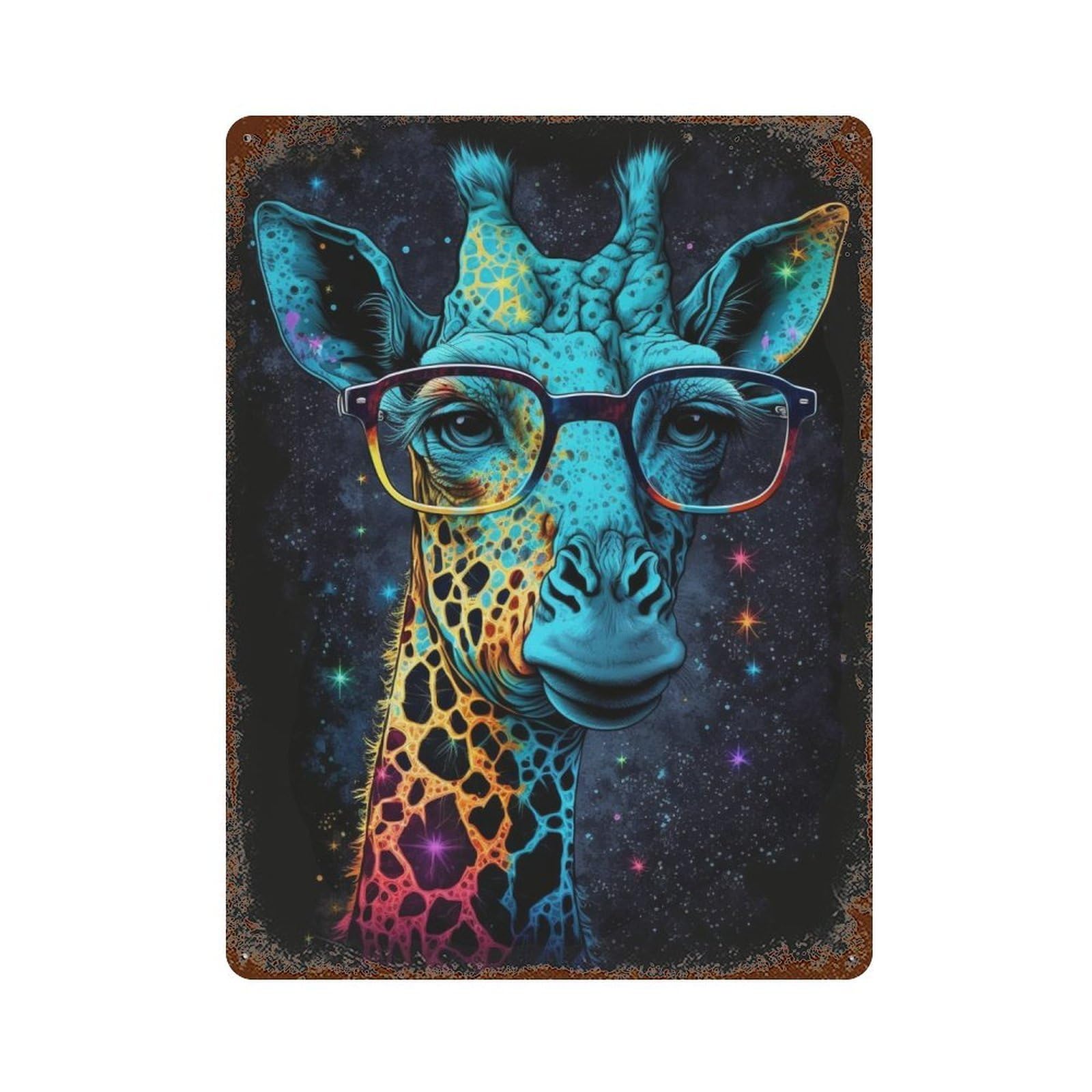 Giraffe Glasses Space Art Print Rustic Tin Plaque 15.7"x11.8", Classic Wall Plaque for Garage, Pub Or Kitchen